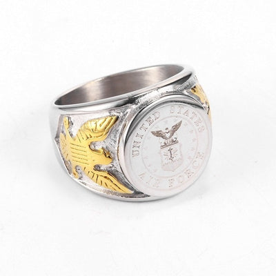 Silver-Gold Color USA US Air Force aviation themed ring, stainless steel.