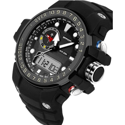 S-Shock Digital LED aviation-themed shock-resistant pilot watch, polished rugged stainless steel.