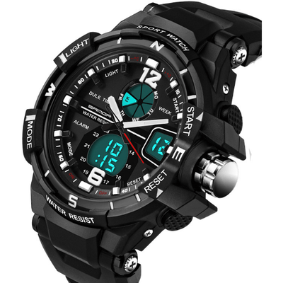 S-Shock Military aviation shock-resistant pilot watch, rugged stainless steel body with engraved detail.